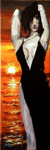 Femme en robe du soir au bord de la mer sous un coucher de soleil. Tableau peinture originale acrylique sur toile.