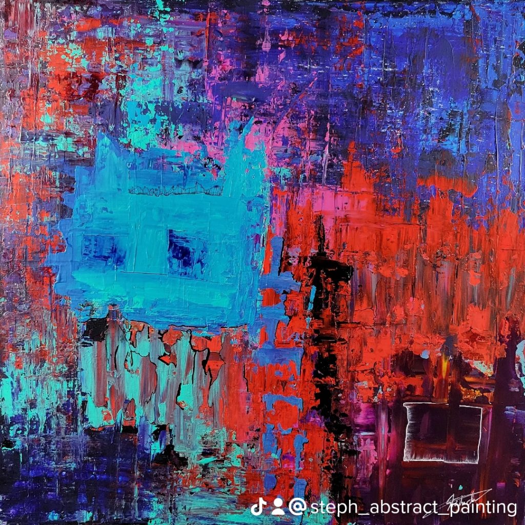 Un tableau abstrait de Stéphane Charest, artiste peintre de la Gaspésie, mettant en valeur des jeux de couleurs vives et de textures riches. Chaque œuvre transporte le spectateur dans un univers évocateur et poétique, invitant à la réflexion et à la découverte.