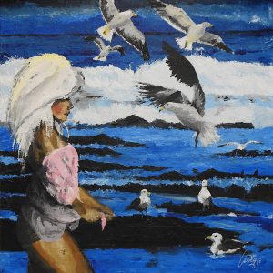 Femme et goélands paysage de mer. Tableau peinture originale acrylique sur toile.